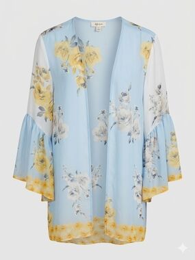 Style & Co. Light Blue and Yellow Floral Kimono Sheer Cover Up Robe